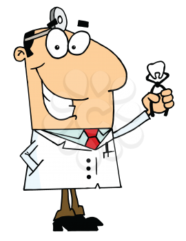 Royalty Free Clipart Image of a Dentist Holding a Molar