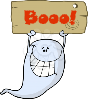 Royalty Free Clipart Image of a Ghost Holding a Boo Sign