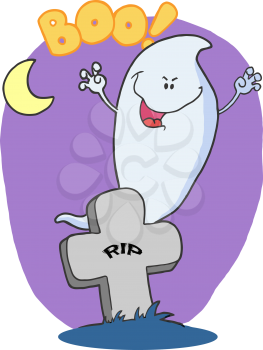 Royalty Free Clipart Image of a Ghost Beside a Tombstone