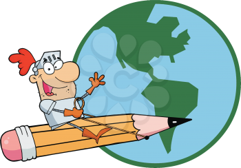 Royalty Free Clipart Image of a Knight Riding a Pencil Around the Globe