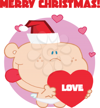 Royalty Free Clipart Image of Cupid Holding a Heart and Wearing a Santa Hat