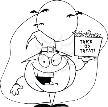 Royalty Free Clipart Image of a Pumpkin in a Witch's Hat Holding Treats