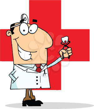 Royalty Free Clipart Image of a Dentist With a Tooth in Front of a Red Cross