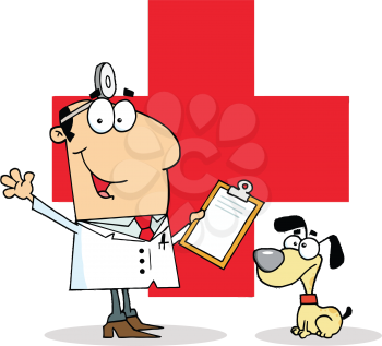 Royalty Free Clipart Image of a Doctor and a Dog in Front of a Red Cross