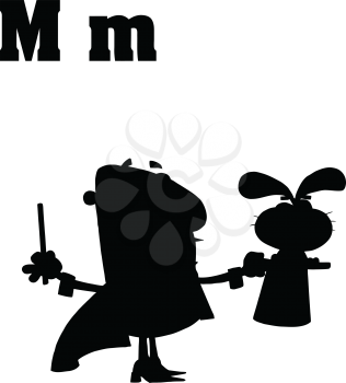 Royalty Free Clipart Image of a Silhouetted Magician