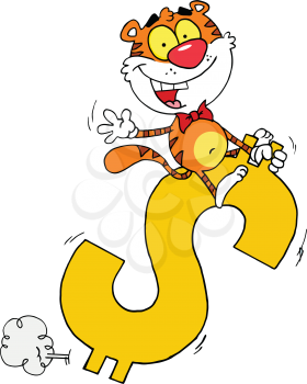 Royalty Free Clipart Image of a Tiger Riding a Dollar Sign