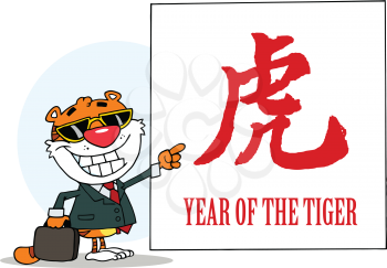 Royalty Free Clipart Image of a Businessman Tiger Pointing to a Year of the Tiger Sign