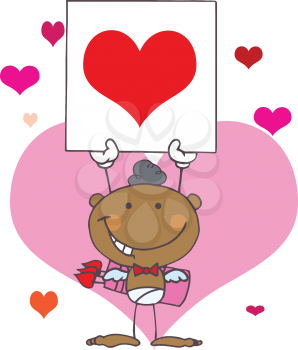 Royalty Free Clipart Image of a Black Cupid Holding a Heart Banner