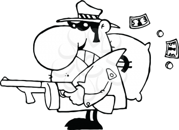 Royalty Free Clipart Image of a Gangster With His Gun and a Bag of Money