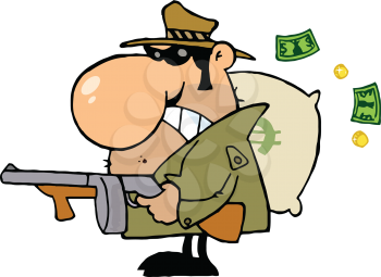 Royalty Free Clipart Image of a Gangster With a Gun and a Bag of Money