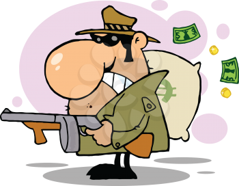 Royalty Free Clipart Image of a Gangster With a Gun and a Sack of Money