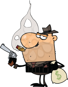 Royalty Free Clipart Image of a Mobster Holding a Gun and a Sack of Money