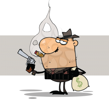 Royalty Free Clipart Image of a Mobster Holdiing a Gun and a Sack of Money