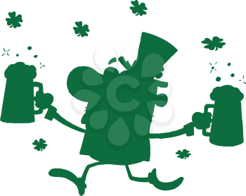Royalty Free Clipart Image of a Leprechaun Silhouette Running With Two Pints of Beer