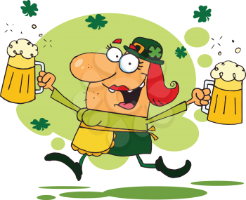 Royalty Free Clipart Image of a Happy Woman Leprechaun Running With Two Pints of Beer