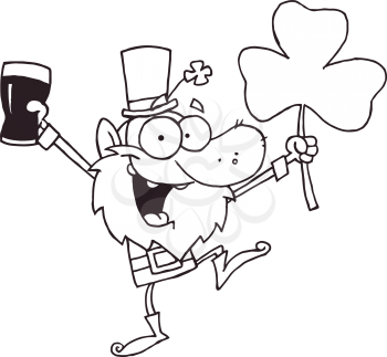 Royalty Free Clipart Image of a Leprechaun Dancing With a Glass of Beer and a Shamrock
