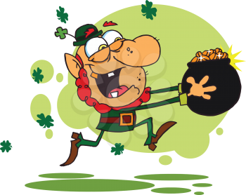 Royalty Free Clipart Image of a Leprechaun Running With a Pot of Gold
