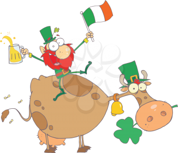 Royalty Free Clipart Image of a Leprechaun Riding a Cow and Holding a Glass of Beer and an Irish Flag