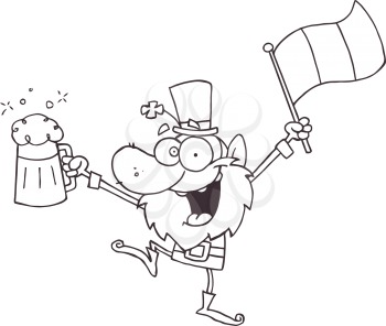 Royalty Free Clipart Image of a Leprechaun With a Beer and Waving a Flag