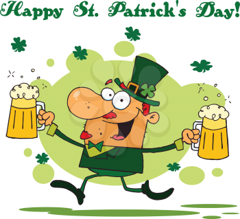 Royalty Free Clipart Image of a Happy Saint Patrick's Day Leprechaun With Two Beer Mugs