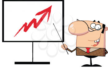 Royalty Free Clipart Image of a Man Pointing to an Arrow on a Board