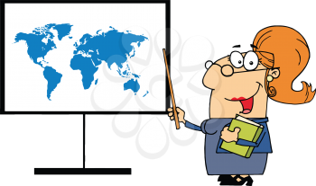 Royalty Free Clipart Image of a Teacher Pointing at a Map of the Earth
