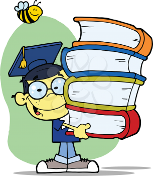 Royalty Free Clipart Image of an Asian Male Graduate Carrying Books With a Bee Over His Head