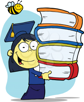 Royalty Free Clipart Image of a Chinese Girl Graduating With a Stack of Books and a Bee Over Her Head