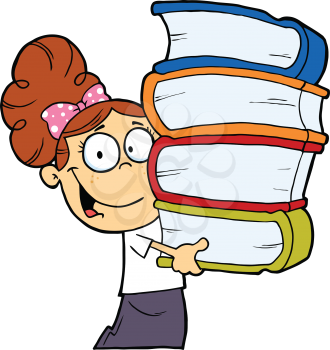 Royalty Free Clipart Image of a Girl Carrying a Stack of Books