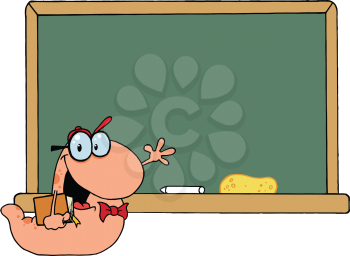 Royalty Free Clipart Image of a Bookworm at a Chalkboard