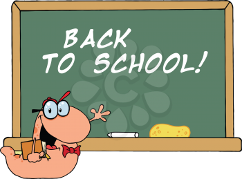 Royalty Free Clipart Image of a Bookworm at the Blackboard With Back to School Written on It