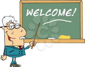 Royalty Free Clipart Image of a Teacher at a Chalkboard With Welcome on It