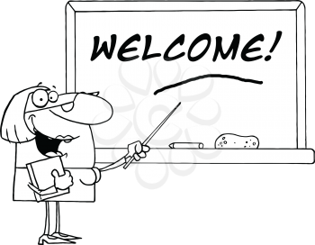 Royalty Free Clipart Image of a Teacher With Welcome on the Blackboard