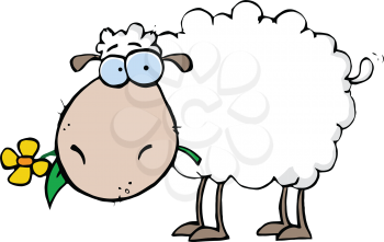 Royalty Free Clipart Image of a Sheep Eating a Daisy
