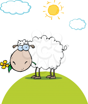 Royalty Free Clipart Image of a Sheep on a Hill in the Sun