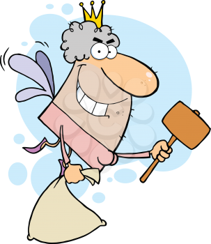 Royalty Free Clipart Image of an Ugly Tooth Fairy With a Bag and a Mallet
