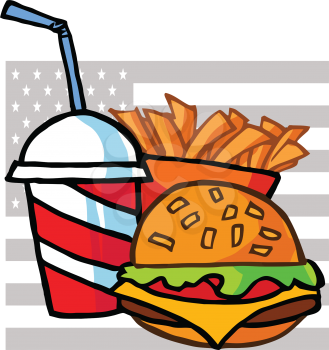 Royalty Free Clipart Image of Fast Food in Front of an American Flag