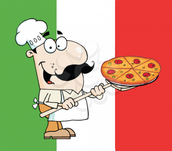Royalty Free Clipart Image of a Pizza Guy in Front of an Italian Flag