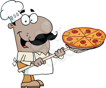 Royalty Free Clipart Image of an African American With Pizza