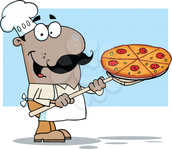 Royalty Free Clipart Image of an African American Pizza Guy With a Pizza