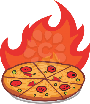 Royalty Free Clipart Image of a Pizza With Flames Behind It