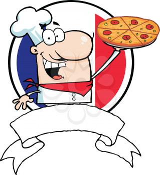Royalty Free Clipart Image of a Pizza Chef in Front of the French Flag