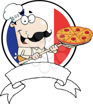 Royalty Free Clipart Image of a Pizza Guy in Front of a French Flag