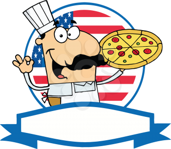 Royalty Free Clipart Image of a Pizza Guy in Front of an American Flag