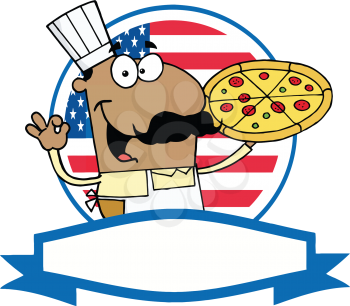 Royalty Free Clipart Image of an African American Pizza Guy With a Pizza Pie in Front of a USA Flag