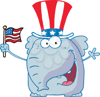 Royalty Free Clipart Image of an Elephant Waving an American Flag