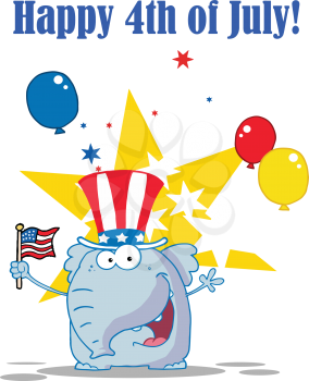 Royalty Free Clipart Image of an Elephant Waving an American Flag on a Happy 4th of July Banner