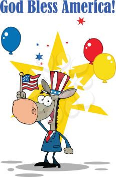 Royalty Free Clipart Image of a Donkey Waving an American Flag Under God Bless America