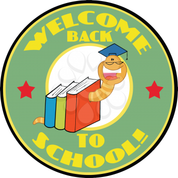 Royalty Free Clipart Image of a Bookworm in Books on a Back to School Badge