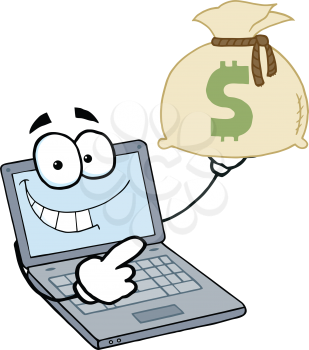 Royalty Free Clipart Image of a Laptop Holding a Bag of Cash